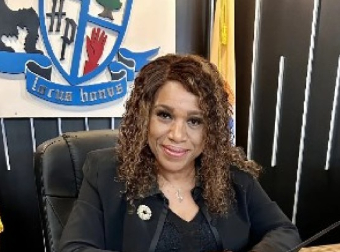 Mayor Elsie Foster Cheers her first Council meeting after she was sworn-in to office as new mayor of the Borough of Highland Park, in Middlesex County, New Jersey on Tuesday January 24, 2023