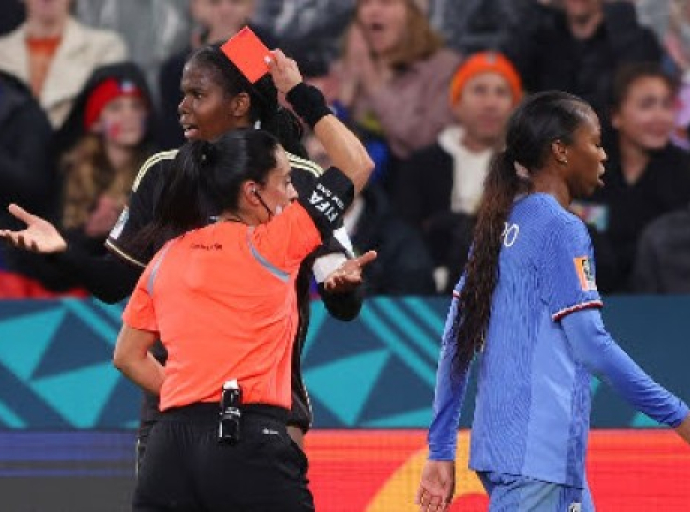 Reggae Girl Khadija Shaw gets shown a red card in the dying moments against France on Sunday.