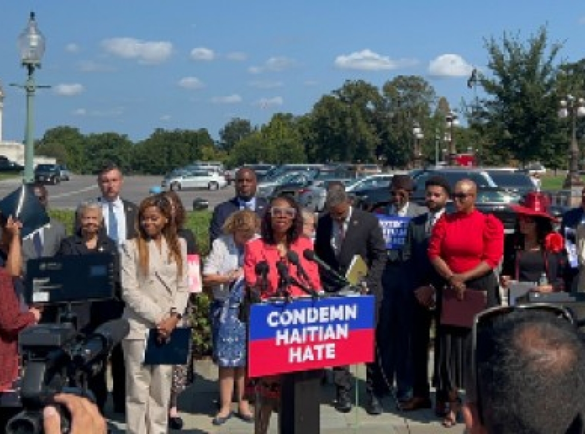 Congresswoman Yvette D. Clarke addressing a news conference condemning attacks on Haitians