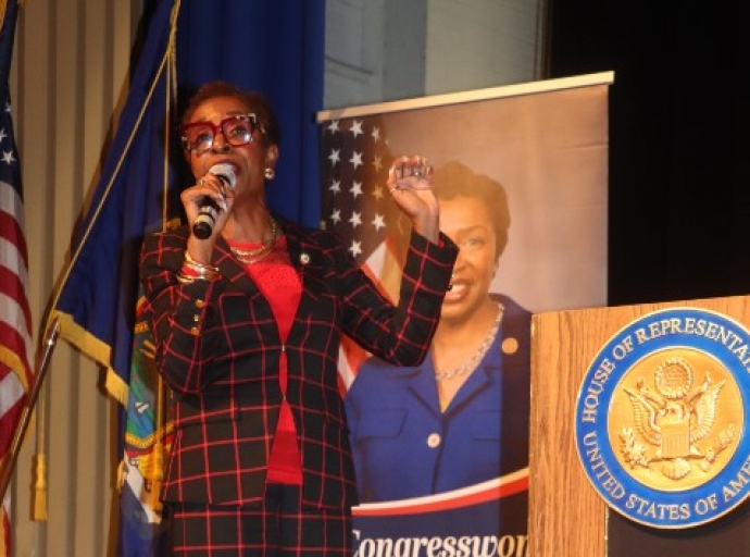 Congresswoman Yvette D. Clarke addressing a town hall meeting at George Wingate High School Auditorium in Brooklyn, New York, on June 16, 2025. (Photo by Nelson King)