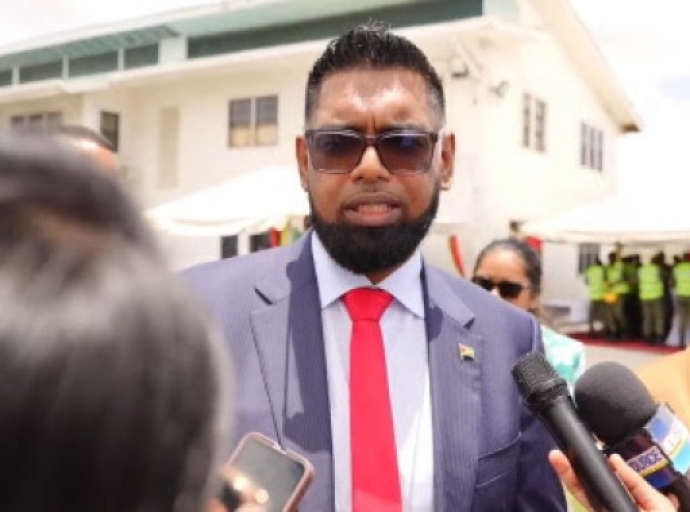 President Dr. Irfaan Ali speaking to reporters on Wednesday (CMC Photo)