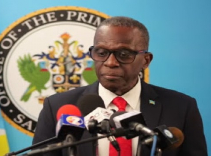 Prime Minister Phillip J Pierre speaking at the news conference on Monday (CMC Photo)