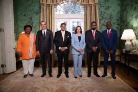US Vice President Kamala Harris (third from right) with CARICOM and Dominica Republic leaders following their talks on Thursday. (Photo via Twitter)