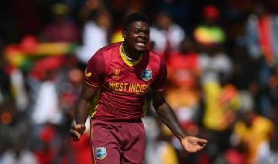 Fast bowler Alzarri Joseph reacts following a dropped catch on Saturday.