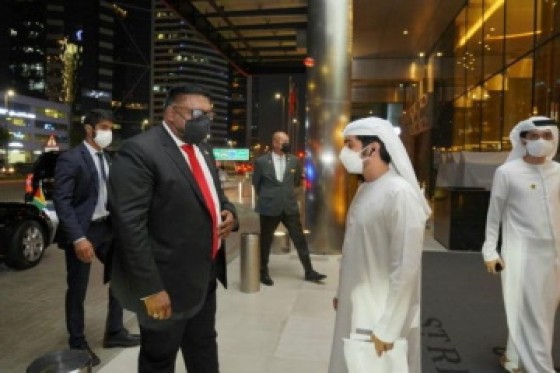 President Dr. Irfaan Ali being greeted on arrival at the venue of EXPO 2020 Dubai (Photo courtesy DPI).