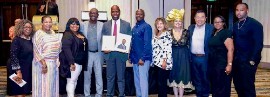 From L-R: BAAB Program Director Retha Boone Fye, Ingrid Stuart, Santay Thompson, Leonard Stuart, Miami Dolphins Communications and Community Affairs VP Jason Jenkins, Thomas Raynard James, Office of Community Advocacy Executive Director Laura Morilla, Communications and Media Director Griselle Marino, AAAB Program Director Joshua Ho, Sabrina Hurst, and Marketing Coordinator DeAundre Slater