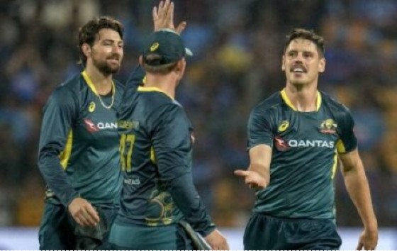Ben Dwarshuis (right) celebrates one of his three wickets against the West Indies in the fifth and final T20I.