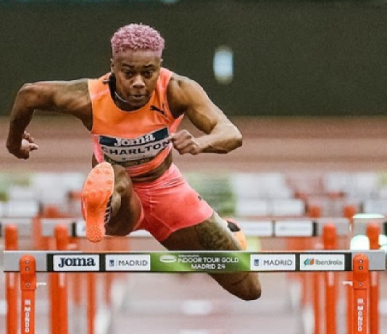 Devynne Charlton of the Bahamas came within 0.01 of equalling her own world indoor 60m hurdles record to highlight the World Athletics Indoor Tour Gold meet on Friday in Madrid, Spain, and earned a wildcard entry to the World Indoor Championships. (World Athletics photo)