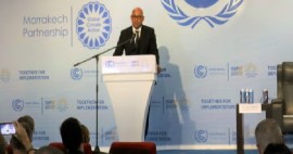 UN Climate Change Executive Secretary (UNFCCC), Simon Stiell, addresses an Emission Gap Report event at COP27 (UNIC Tokyo)