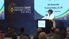 Barbados Prime Minister Mia Mottley addressing the International Energy Conference and Expo in Guyana (Caribbean Today photo)
