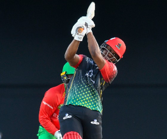 Evin Lewis hits out during his unbeaten half-century in the second semi-final against Guyana Amazon Warriors. (Photo courtesy CPL Media)