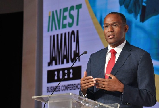 Minister of Finance and the Public Service, Dr. Nigel Clarke, addresses the Invest Jamaica 2022 Business Conference at the Montego Bay Convention Centre. (JIS Photo)