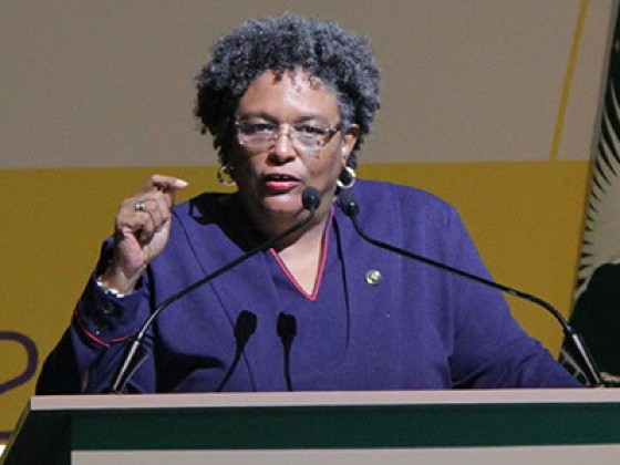 Barbados Prime Minister Mia Mottley addressing the African Export-Import Bank in Ghana on Monday (CMC Photo)