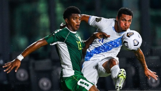 Jairo Arreola of Guatemala gets the better of a duel with Guyana’s Nicholai Andrews during Saturday’s contest.