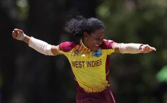 Zaida James celebrates a wicket during West Indies Women’s win on Sunday.
