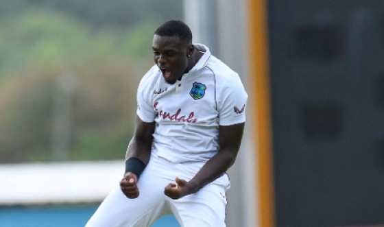 Debutant fast bowler Jayden Seales celebrates a wicket on day one of the opening Test against South Africa on Thursday.
