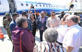 Prime Minister Andrew Holness (in brown jacket) greeting his fellow CARICOM leaders on arrival in Jamaica on Monday (Photo courtesy of Prime Minister Andrew Holness Facebook page)