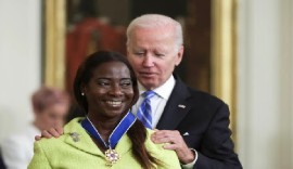 Jamaican-born nurse Sandra Lindsay receives US Presidential Medal of Freedom from President Joe Biden. (via CMC)