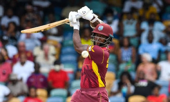 Kyle Mayers gathers runs square of the wicket during his second ODI hundred on Sunday.