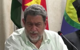 St. Vincent and the Grenadines Prime Minister Dr. Ralph Gonsalves addressing regional air transport at the end of CARICOM summit news conference on Tuesday night (CMC Photo)