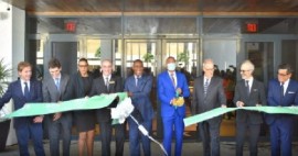 Prime Minister Andrew Holness in blue suit at the official opening of the 168 room ROK Hotel Kingston
