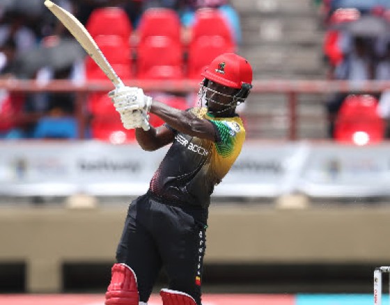 Sherfane Rutherford hits out during his 78 against TKR on Thursday. (Photo courtesy Getty/CPL)