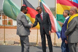 Guyana’s President Irfaan Ali (left) meeting with Rwanda’s President Paul Kagame and representatives of BioNTech.