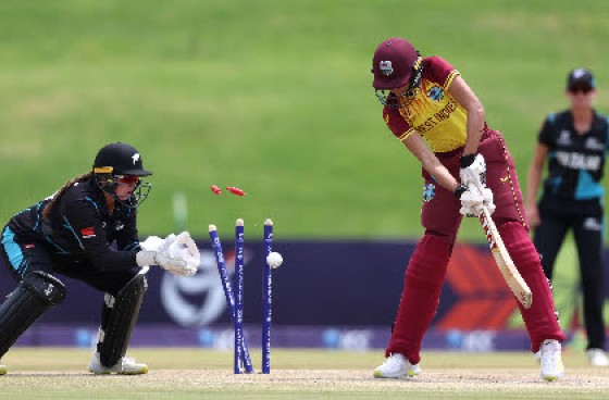 Shunelle Sawh of West Indies is bowled by Anna Browning during Thursday’s game. (Photo courtesy ICC Media)