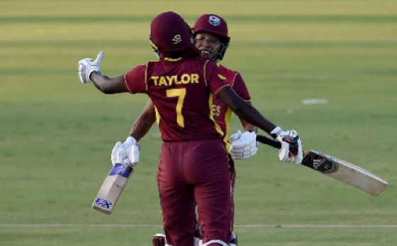 Captain Stafanie Taylor and Chedean Nation embrace following West Indies Women’s victory on Sunday.