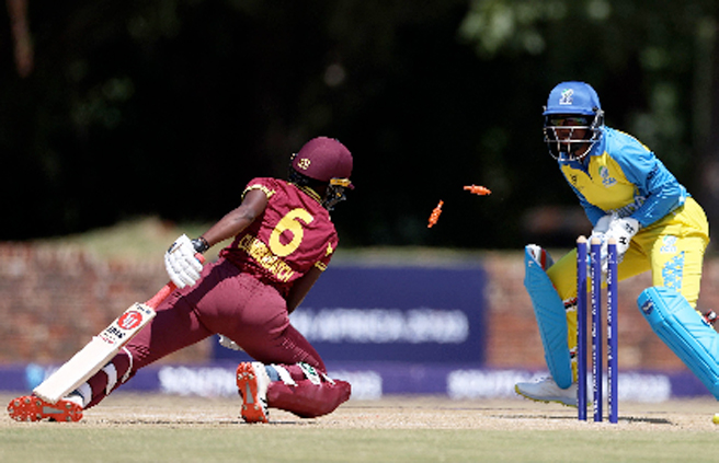 Naijanni Cumberbatch of West Indies is stumped by Merveille Uwase during their Super6 match on Sunday. Photo courtesy ICC Media