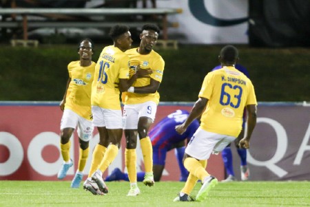 SANTIAGO DE LOS CABALLEROS, REPUBLICA DOMINICANA. MAY 15th: Andre Moulton #9 of Waterhouse FC celebrates his goal during the match between Arcahaie vs Waterhouse FC as part of the Flow Concacaf Caribbean Club Championship held at the Estadio Cibao stadium in Santiago de los Caballeros, Republica Dominicana.(PHOTO BY MIGUEL GUTIERREZ/CONCACAF/STRAFFON IMAGES/MANDATORY CREDIT/EDITORIAL USER/NOT FOR SALE/NOT ARCHIVE)