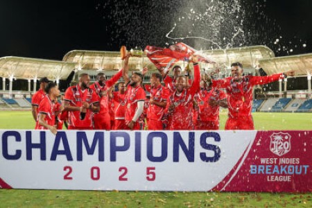 TAROUBA, TRINIDAD AND TOBAGO - MAY 10: 2025 Champions Trinidad & Tobago Legions during the West Indies Breakout T20 League final match between Trinidad & Tobago Legions and Leeward Islands Thunder at Brian Lara Cricket Academy on May 10, 2025 in Tarouba, Trinidad and Tobago. (Photo by Daniel Prentice/CWI)