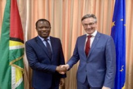 Foreign Affairs and International Cooperation Minister, Hugh Todd, (left) and the Head of the European Union Delegation to Guyana, Ambassador René van Nes shake hands following their meeting (EU Photo)