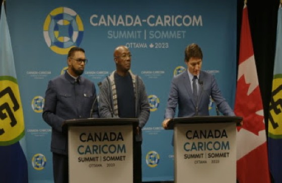 Prime Minister Justin Trudeau (right) with Trinidad and Tobago Prime Ministerr Dr. Keith Rowley and Guyana President Irfaan Ali at the end of summit news conference (CMC Photo)