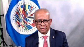 OAS Secretary General, Albert Ramdin, speaking during the “Dialogue for the Americas: Conversation with OAS Secretary General,” interview with the Trinidad-based journalist, Wesley Gibbings (CMC Photo)