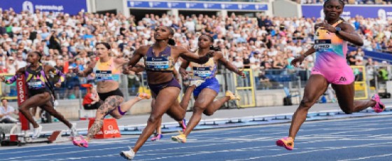 Melissa Jefferson-Wooden of the USA (centre) edges Julien Alfred (right) to win the women’s 100m at the Silesia Diamond League.