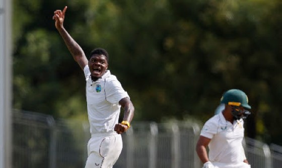Fast bowler Alzarri Joseph appeals successfully for an lbw decision against South Africa captain Temba Bavuma on the first day of the opening Test.