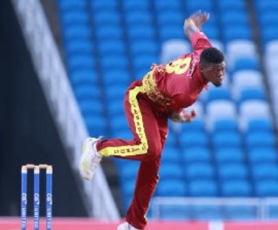 Fast bowler Alzarri Joseph sends down a delivery during his three-wicket burst with the new ball in Thursday’s semii-final. (Photo courtesy CWI Media)