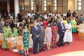 Ambassador Marks joins with worshippers in thanksgiving for 60 years of Jamaica’s independence. Others from left are Mr. Wes Moore, Democratic party candidate for governor of Maryland, son of Jamaican parents; Professor Donald Harris & Mrs. Harris; Ambassador Thelma Phillips-Brown of Saint Kitts & Nevis ; Ambassador Marten Schalkwijk of Suriname, Chair of the Caribbean Community Caucus of Ambassadors; and Ambassador Yolande Smith, of Grenada.