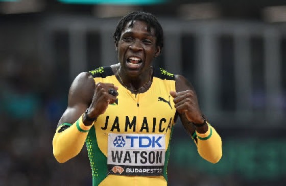 Jamaican Antonio Watson celebrates gold in the men’s 400 metres final.