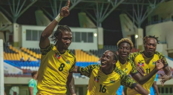 Antigua and Barbuda players celebrate one of their goals against Aruba in the CONCACAF Nations League