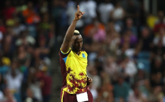 Veteran all-rounder Andre Russell celebrates a wicket during his career-best haul against England on Tuesday night.