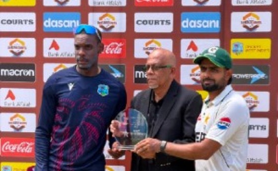 Players-of-the-Series Justin Greaves (left) and Babar Azam (right) accept their award from CWI vice-president Azim Bassarath. (Photo courtesy CWI Media).