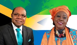 Jamaica’s Minister of Tourism Edmund Bartlett (left) recently held talks with his colleague minister Dr. Memunatu Pratt of Sierra Leone.