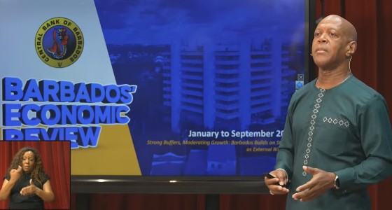 Central Bank Governor Dr. Kevin Greenidge, reviewing the performance of the Barbados economy for the first nine months of this year.