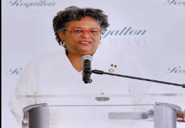 Prime Minister Mia Mottley addressing the ribbon-cutting ceremony for the new Royalton Vessence resort in St James (CMCC Photo)