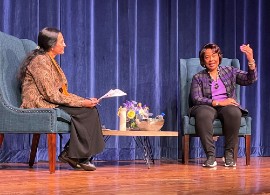 Dr. Bernice King (rt) addressed questions asked by Professor Uma Krishnan (lft) - Kent State University Department of English. (Reporter photo/ Lynn Lee)