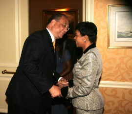 Ambassador Richard Bernal congratulates Ambassador Audrey Marks on her appointment as Jamaica’s first female ambassador to the United States at the reception hosted by the Embassy after she presented credentials to President Barack Obama in June 2008, to begin her first stint as ambassador. (Photo by Derrick A Scott)