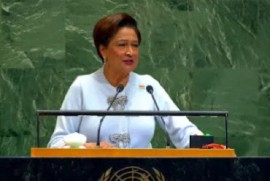 Prime Minister Kamla Persad Bissessar addressing United Nations General Assembly (UNGA) on Friday (CMC Photo)