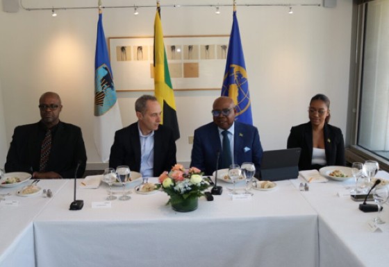 Tourism Minister Edmund Bartlett (second right) addresses members of the IDB Board. Others (from left) are Executive Director of the Global Tourism Resilience and Crisis Management Centre, Professor Lloyd Waller, IDB Executive Vice President Jordan Schwartz, and Director of Tourism Trade and International Relations in the Tourism Ministry, Christina Edwards. 